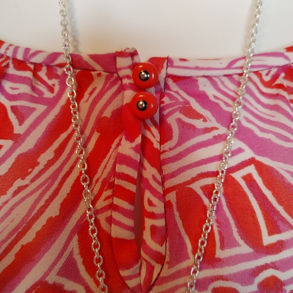 TRINA TURK Red/Magenta-Pink/White Silk Print Keyhole See-Through Blouse S - Picture 4 of 12